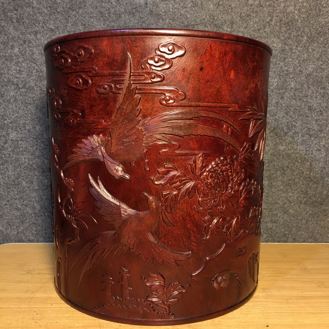 Chinese Huanghuali Wood Low Relief Flowers Bird Design Brush Pot - 7