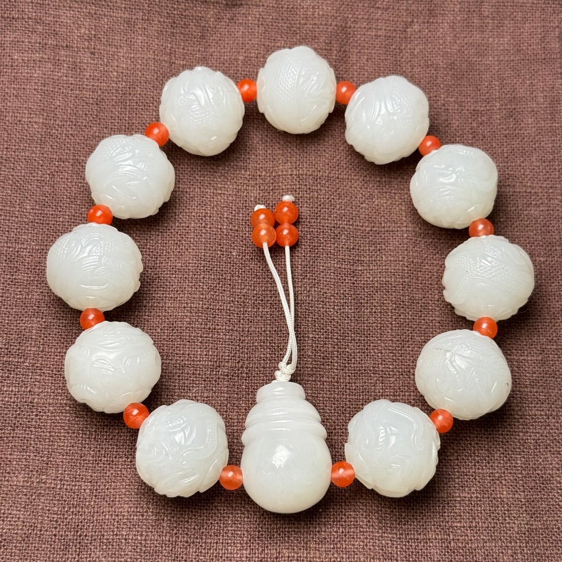 Chinese White Hetian Jade Hand Carved Fortune Dragon Beads Bracelet - 2