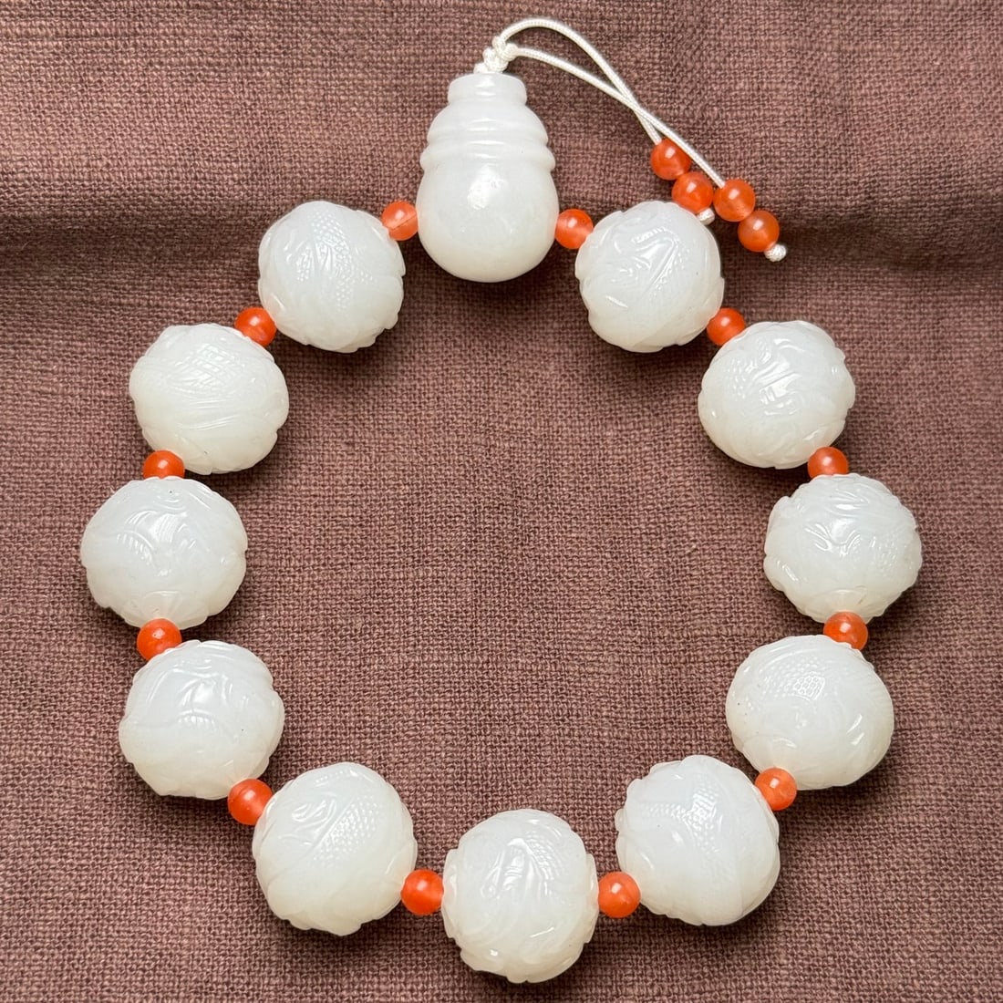 Chinese White Hetian Jade Hand Carved Fortune Dragon Beads Bracelet - 4