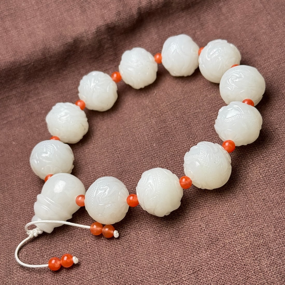 Chinese White Hetian Jade Hand Carved Fortune Dragon Beads Bracelet - 6