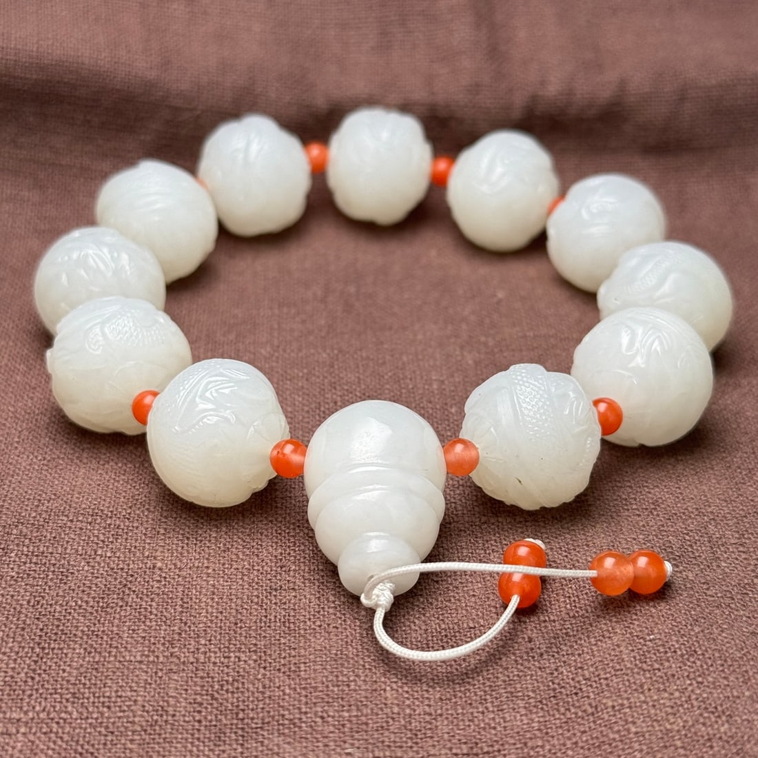 Chinese White Hetian Jade Hand Carved Fortune Dragon Beads Bracelet - 7