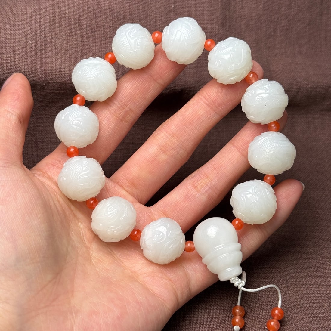 Chinese White Hetian Jade Hand Carved Fortune Dragon Beads Bracelet - 8