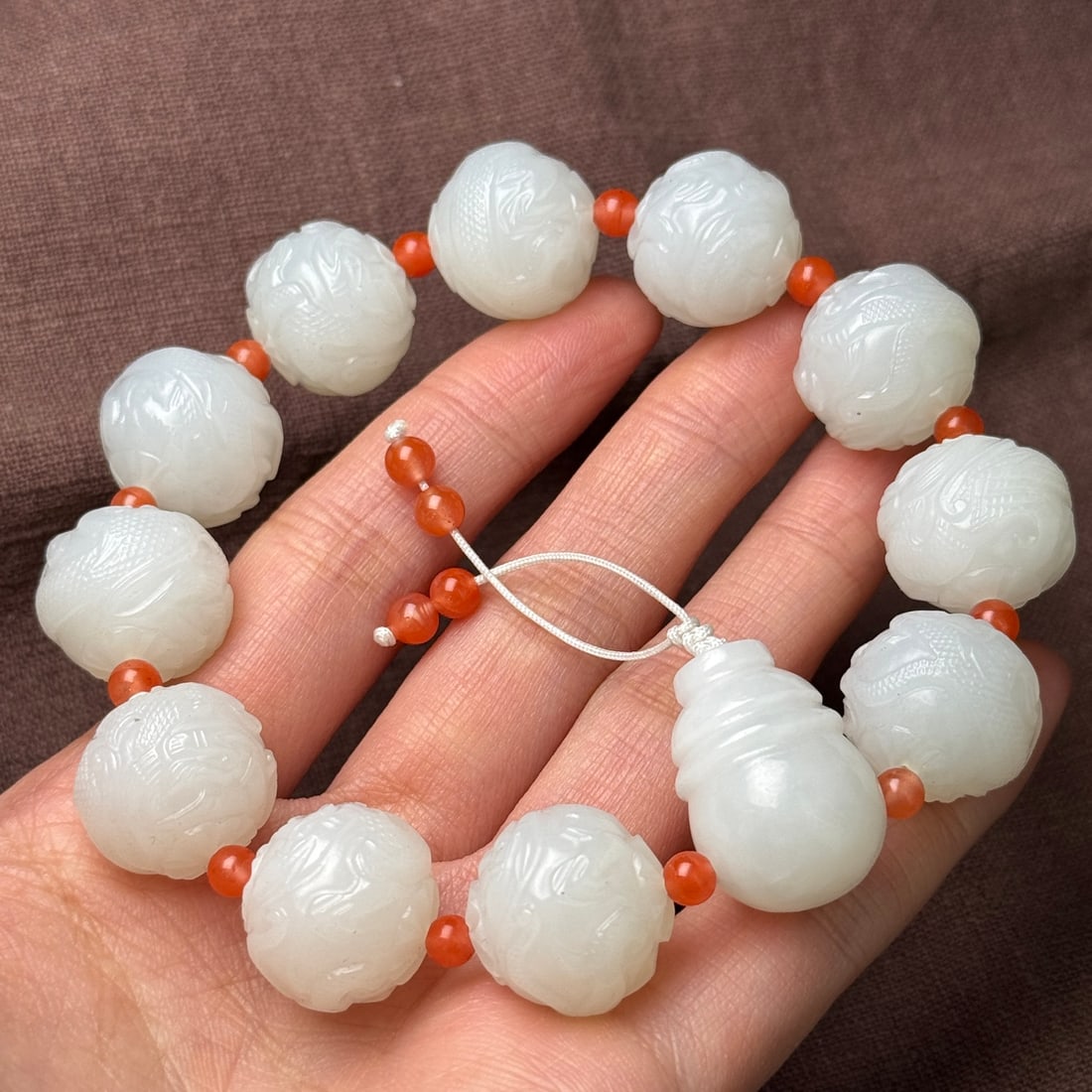 Chinese White Hetian Jade Hand Carved Fortune Dragon Beads Bracelet - 9