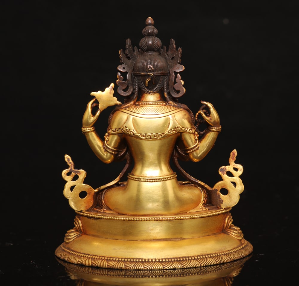 Superb Old Tibetan Gilt Gold Copper Four Arm Kwan-yin Statue - 3