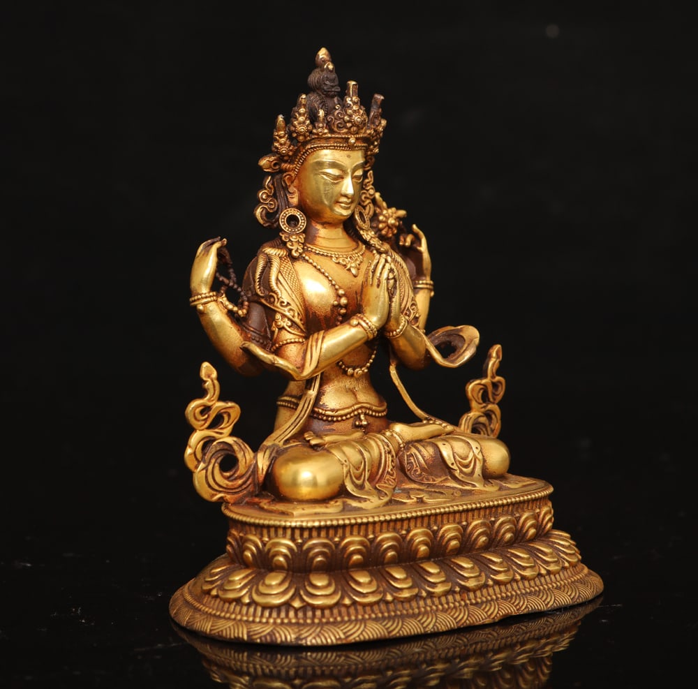 Superb Old Tibetan Gilt Gold Copper Four Arm Kwan-yin Statue - 4