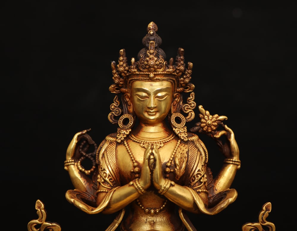 Superb Old Tibetan Gilt Gold Copper Four Arm Kwan-yin Statue - 5