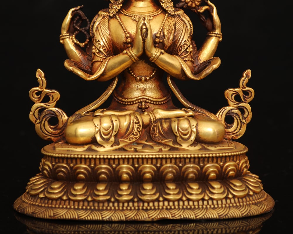 Superb Old Tibetan Gilt Gold Copper Four Arm Kwan-yin Statue - 6