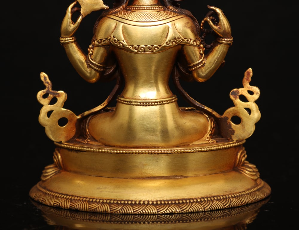 Superb Old Tibetan Gilt Gold Copper Four Arm Kwan-yin Statue - 8