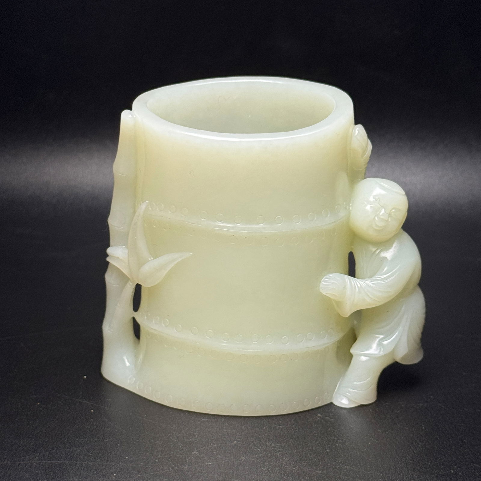 Superb Chinese Hetian Jade Carved Fortune Bamboo & Kid Brush Pot Statue (1 of 9)