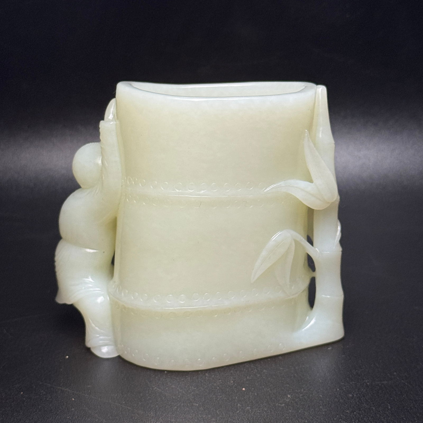 Superb Chinese Hetian Jade Carved Fortune Bamboo & Kid Brush Pot Statue - 2