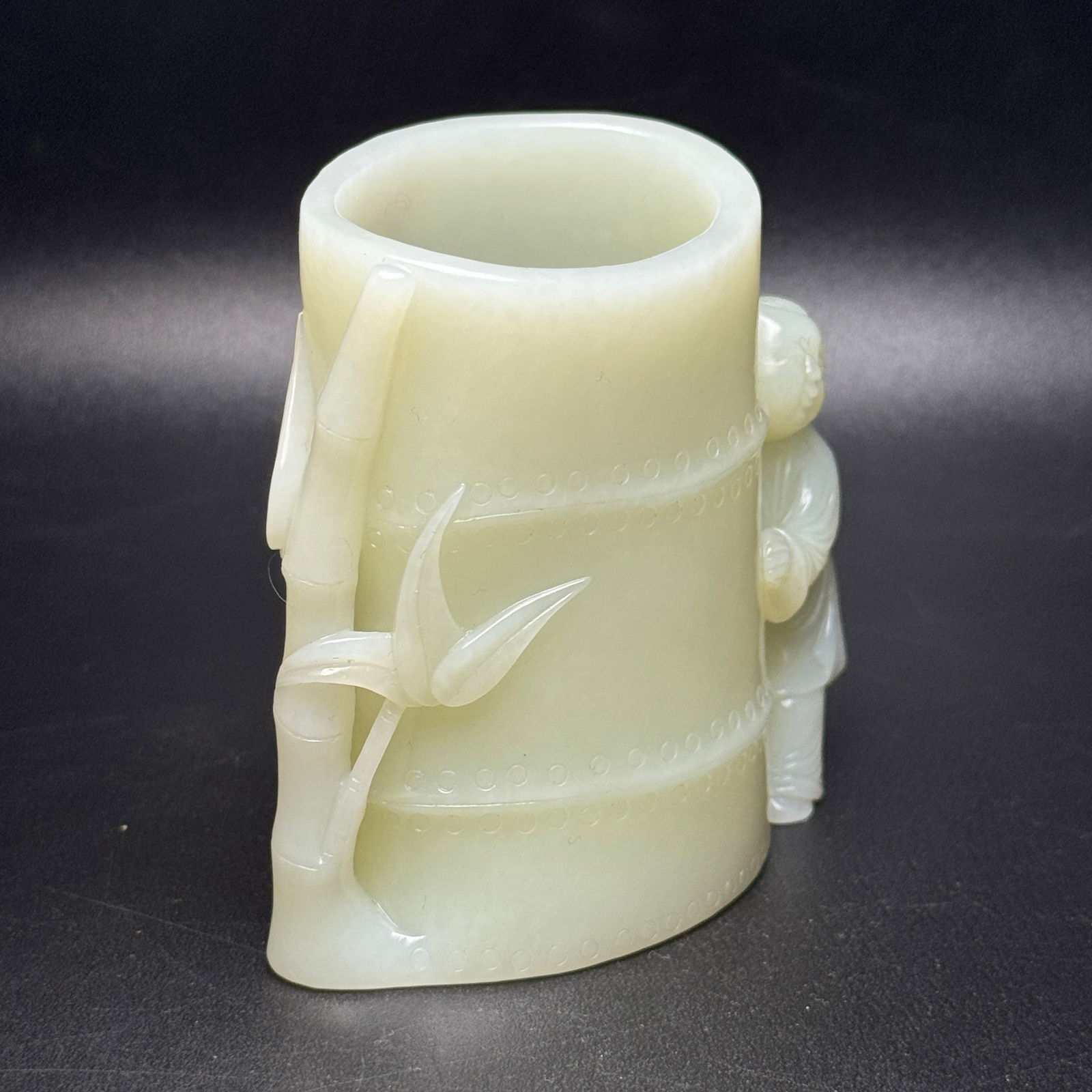 Superb Chinese Hetian Jade Carved Fortune Bamboo & Kid Brush Pot Statue - 3