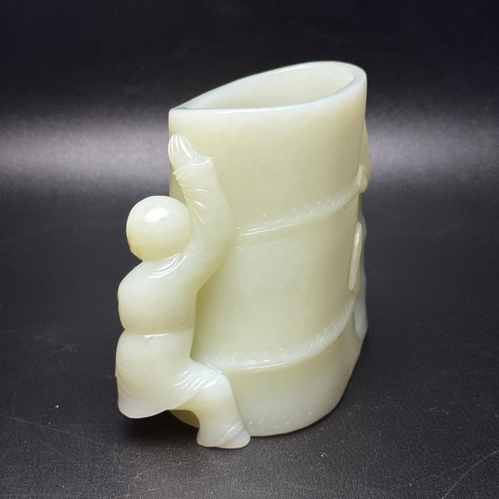 Superb Chinese Hetian Jade Carved Fortune Bamboo & Kid Brush Pot Statue - 4