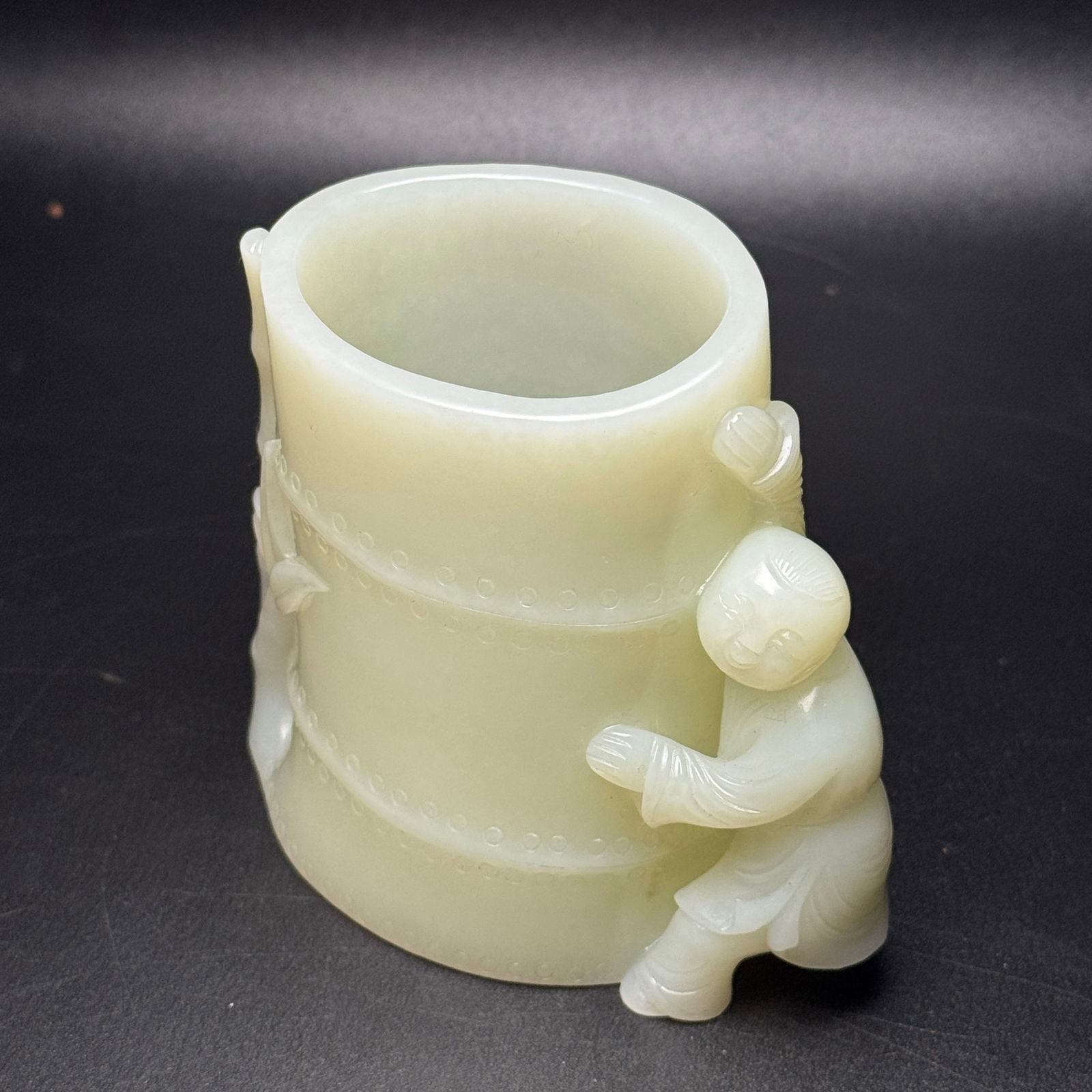 Superb Chinese Hetian Jade Carved Fortune Bamboo & Kid Brush Pot Statue - 7