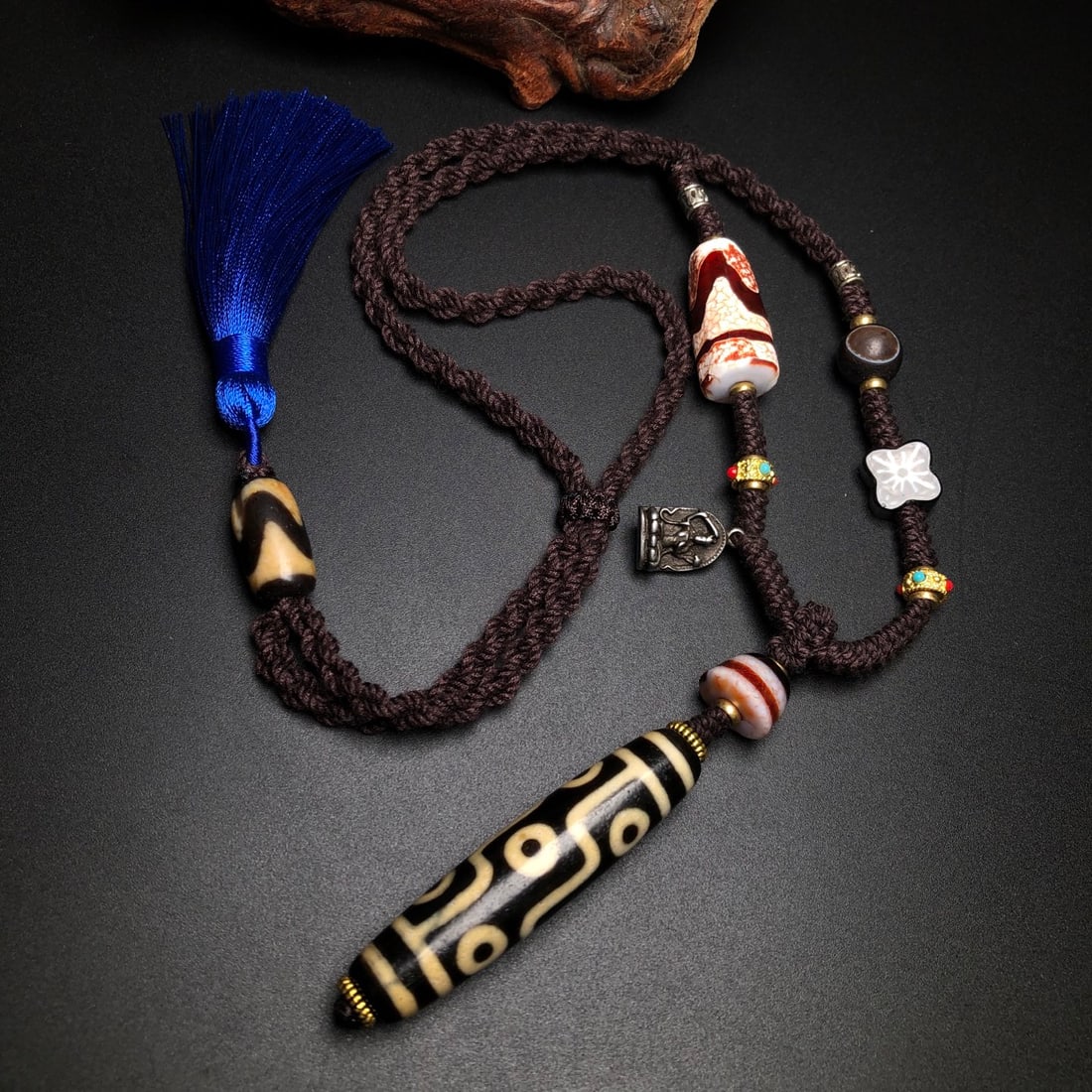 Hand Woven Tibetan 9 Eye DZI Agate Lucky Pendant - 2