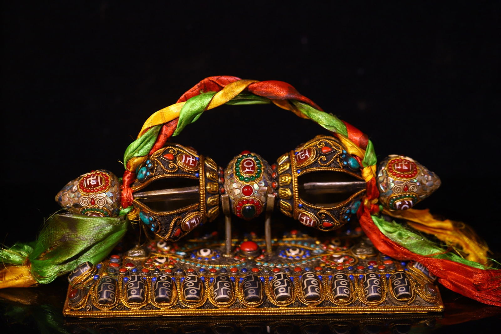 Old Tibetan Gilt Gold Copper Inlay DZI Agate & Turquoise & Lapis Lazuli Pestle Xiangmo Statue (1 of 9)