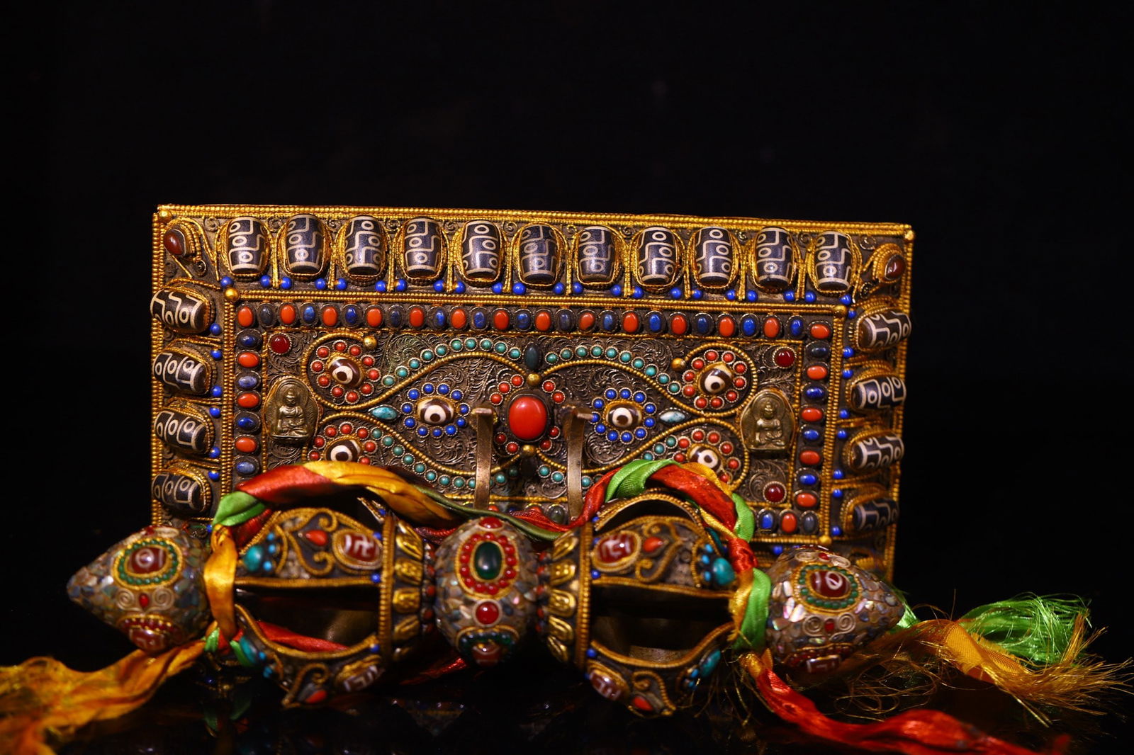 Old Tibetan Gilt Gold Copper Inlay DZI Agate & Turquoise & Lapis Lazuli Pestle Xiangmo Statue - 7