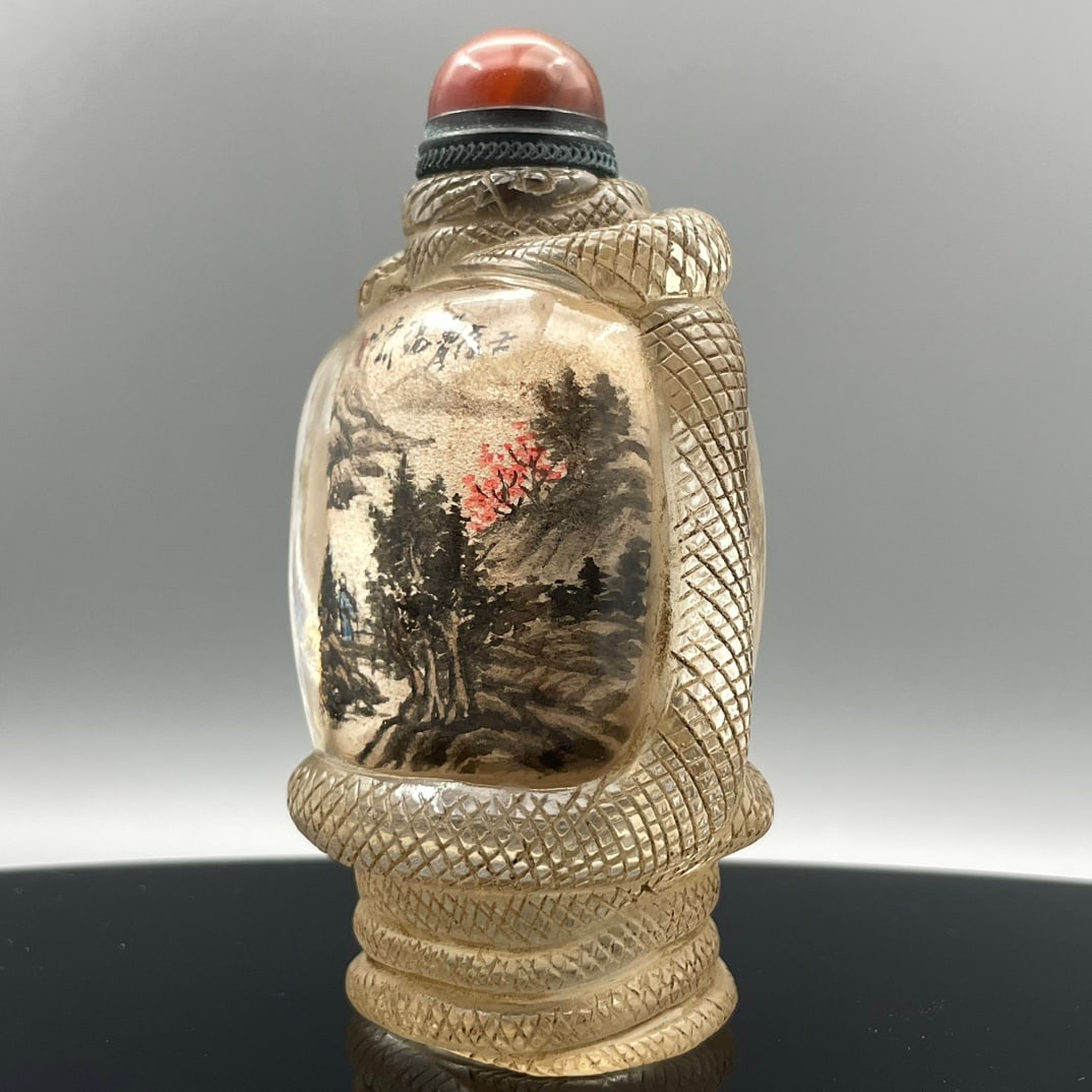 Old Chinese Peking Glass Inside Painting Mountain River Scene Design Snuff Bottle w Stopper - 4