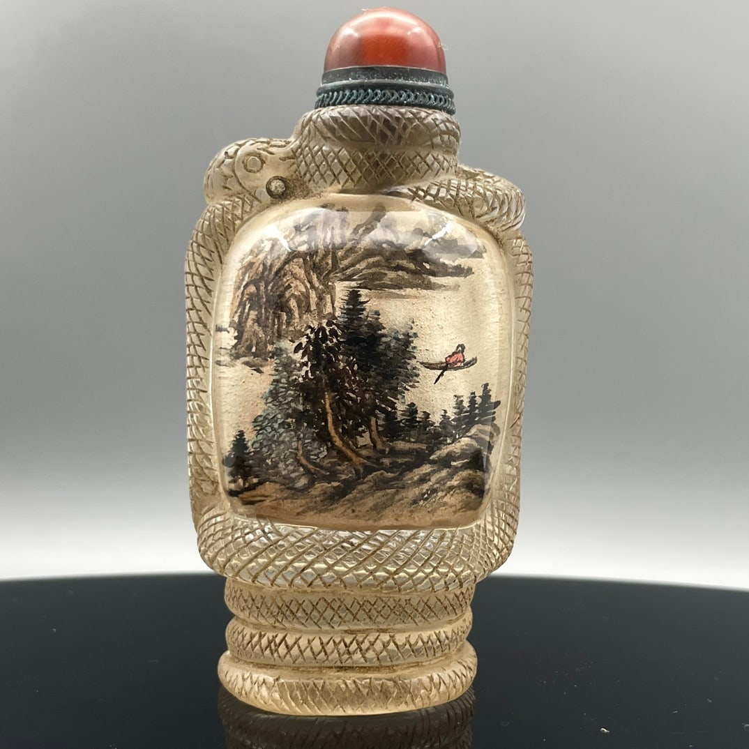 Old Chinese Peking Glass Inside Painting Mountain River Scene Design Snuff Bottle w Stopper - 5