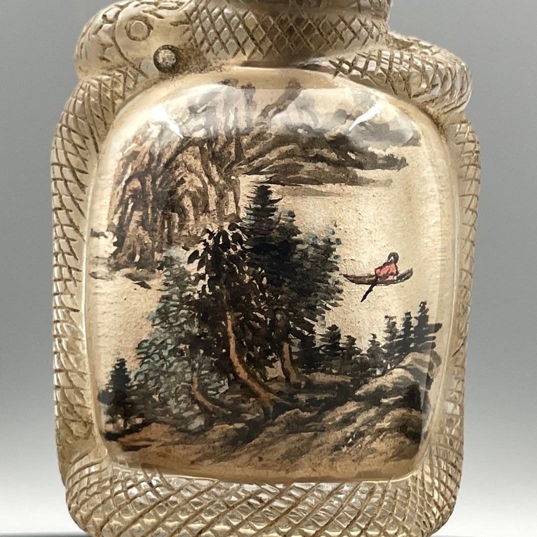 Old Chinese Peking Glass Inside Painting Mountain River Scene Design Snuff Bottle w Stopper - 6
