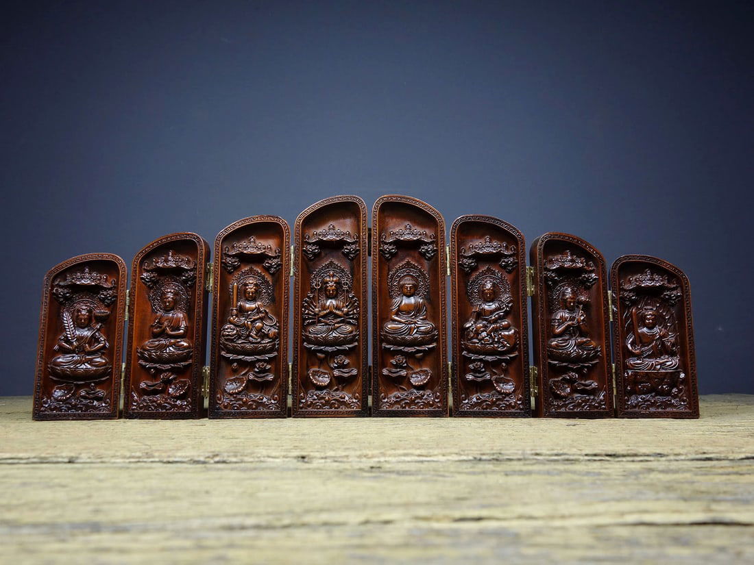 Chinese Boxwood Wood Carved Eight Guardian Deities Box Statue (1 of 9)