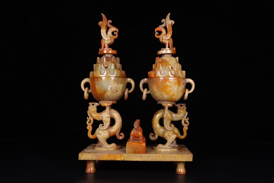 A Pair Superb Vintage Chinese Hetian Jade Carved Dragon Phoenix Incense Burner - 2