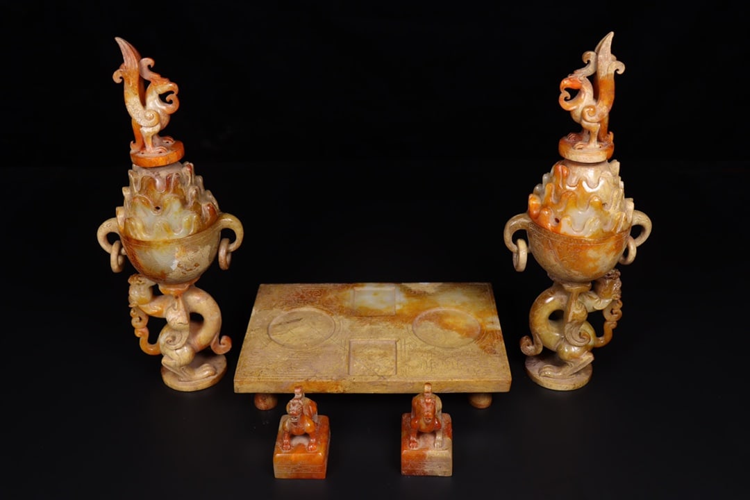 A Pair Superb Vintage Chinese Hetian Jade Carved Dragon Phoenix Incense Burner - 4