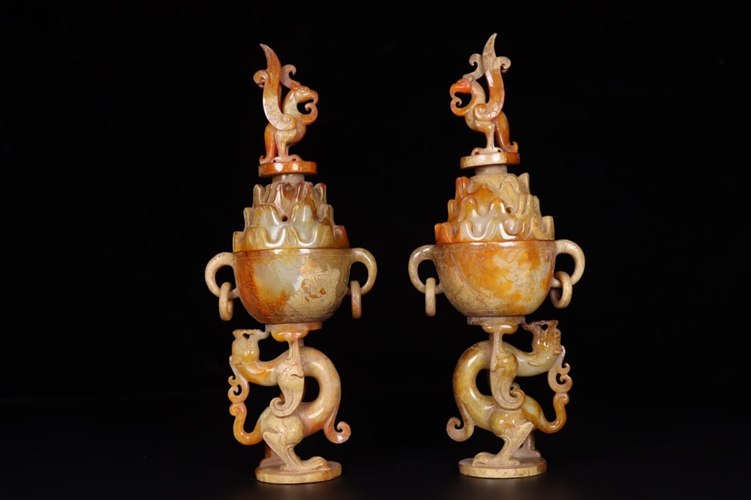 A Pair Superb Vintage Chinese Hetian Jade Carved Dragon Phoenix Incense Burner - 5