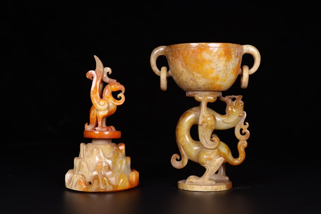 A Pair Superb Vintage Chinese Hetian Jade Carved Dragon Phoenix Incense Burner - 6