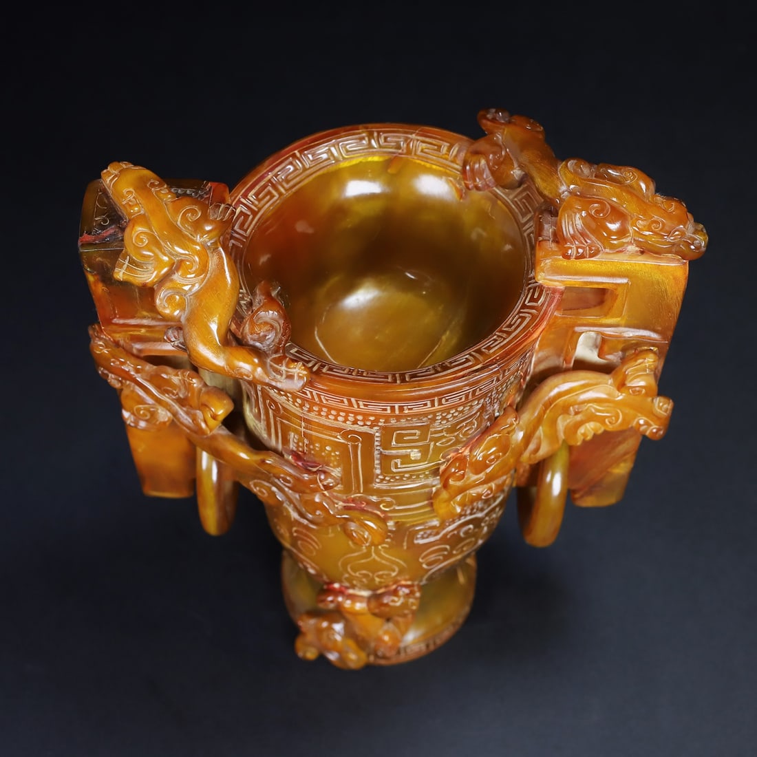 Vintage Ox Horn Hand Carved Chi Dragon Wine Cup - 2
