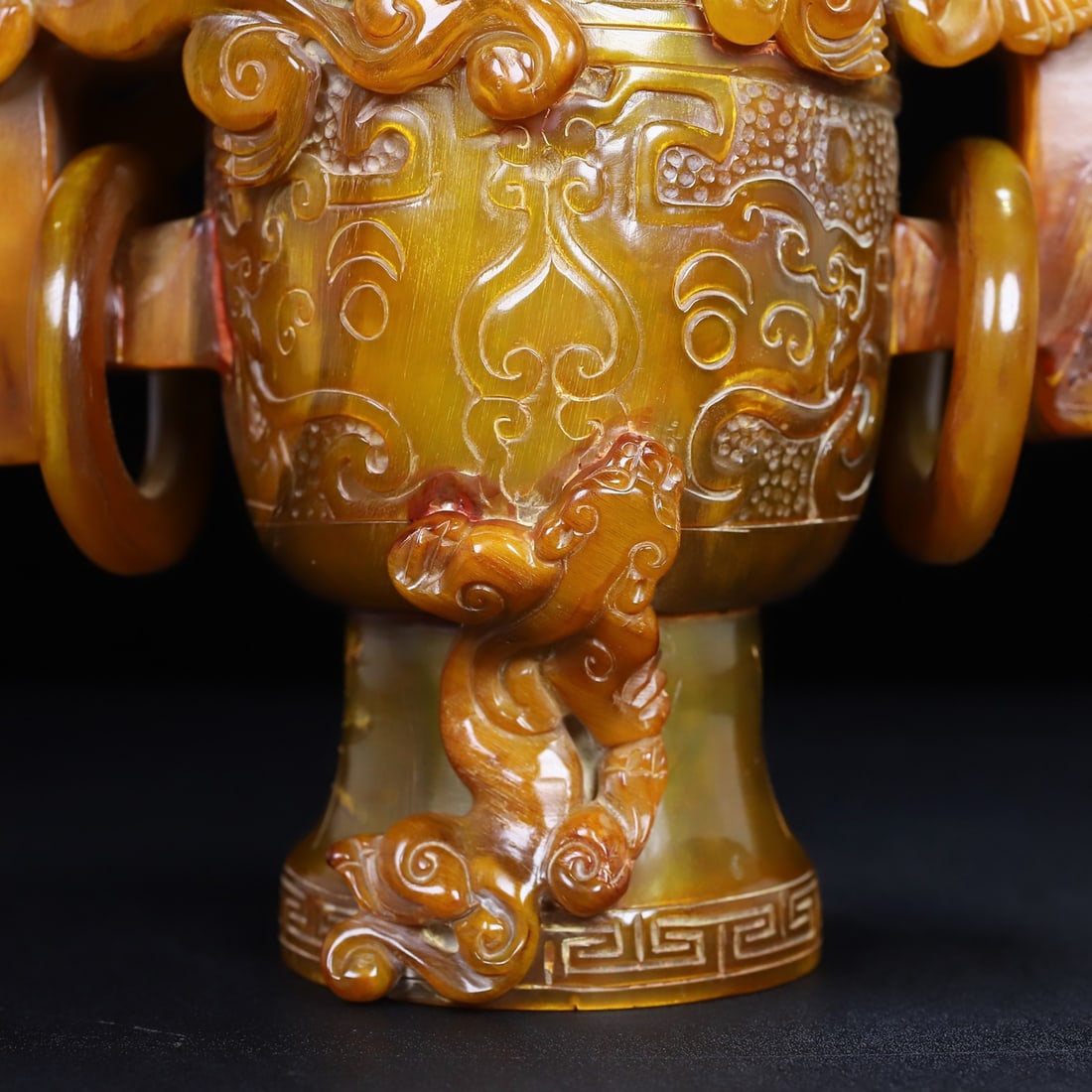 Vintage Ox Horn Hand Carved Chi Dragon Wine Cup - 3