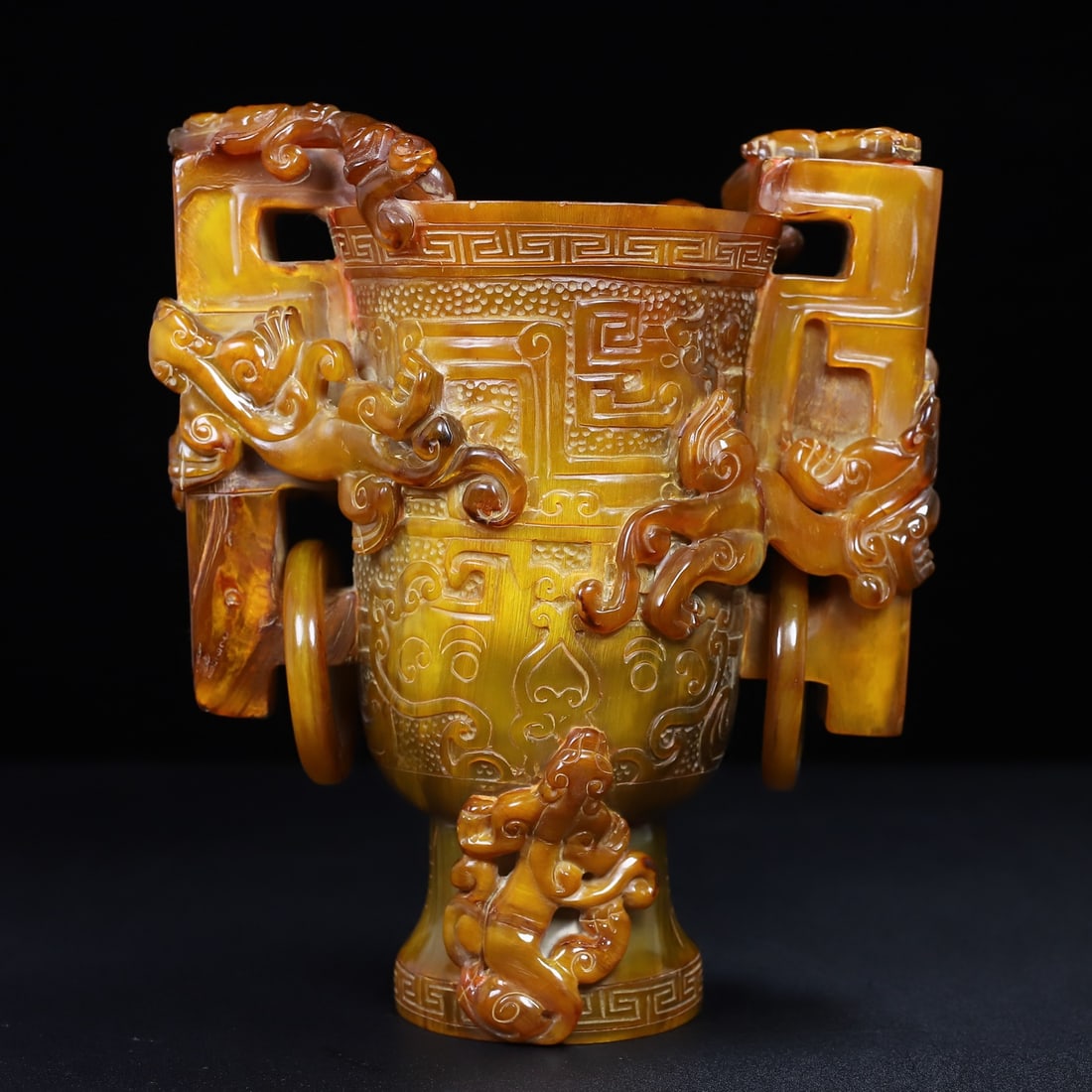 Vintage Ox Horn Hand Carved Chi Dragon Wine Cup - 7