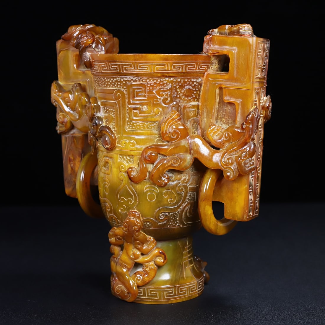 Vintage Ox Horn Hand Carved Chi Dragon Wine Cup - 8