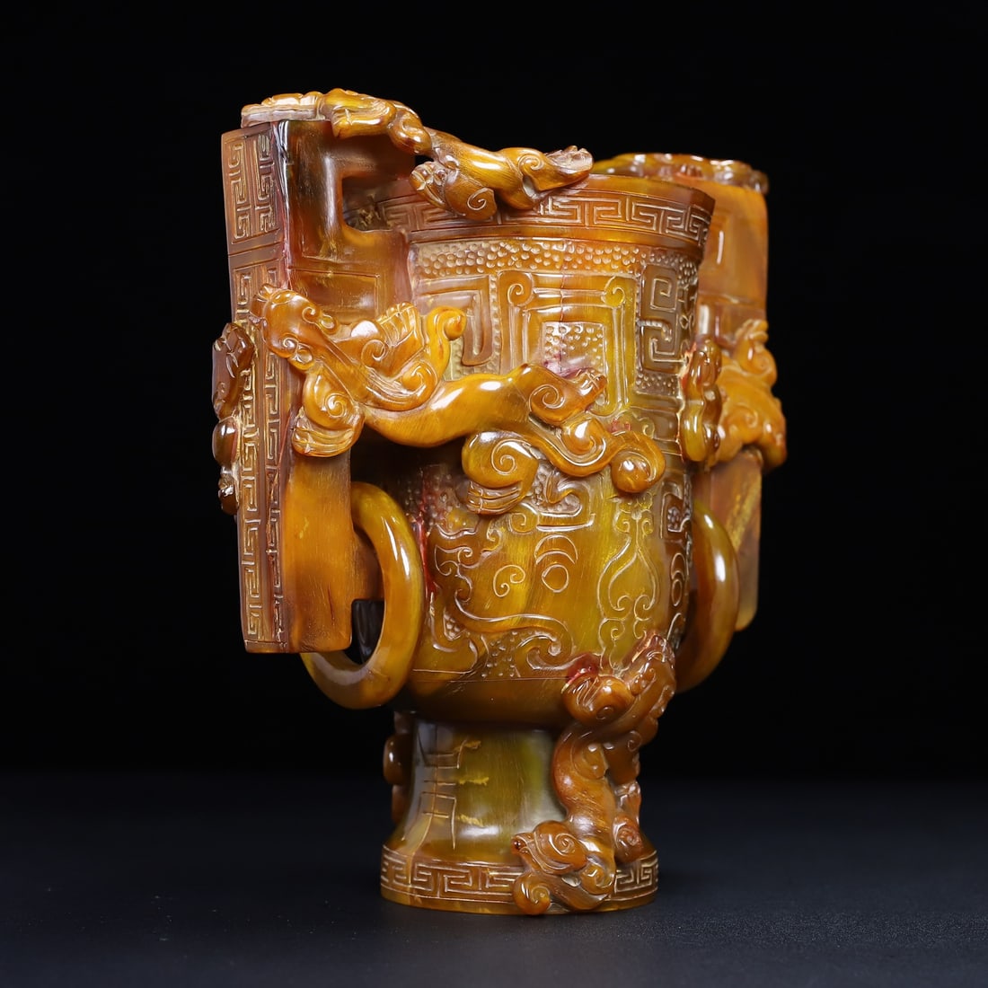 Vintage Ox Horn Hand Carved Chi Dragon Wine Cup - 9