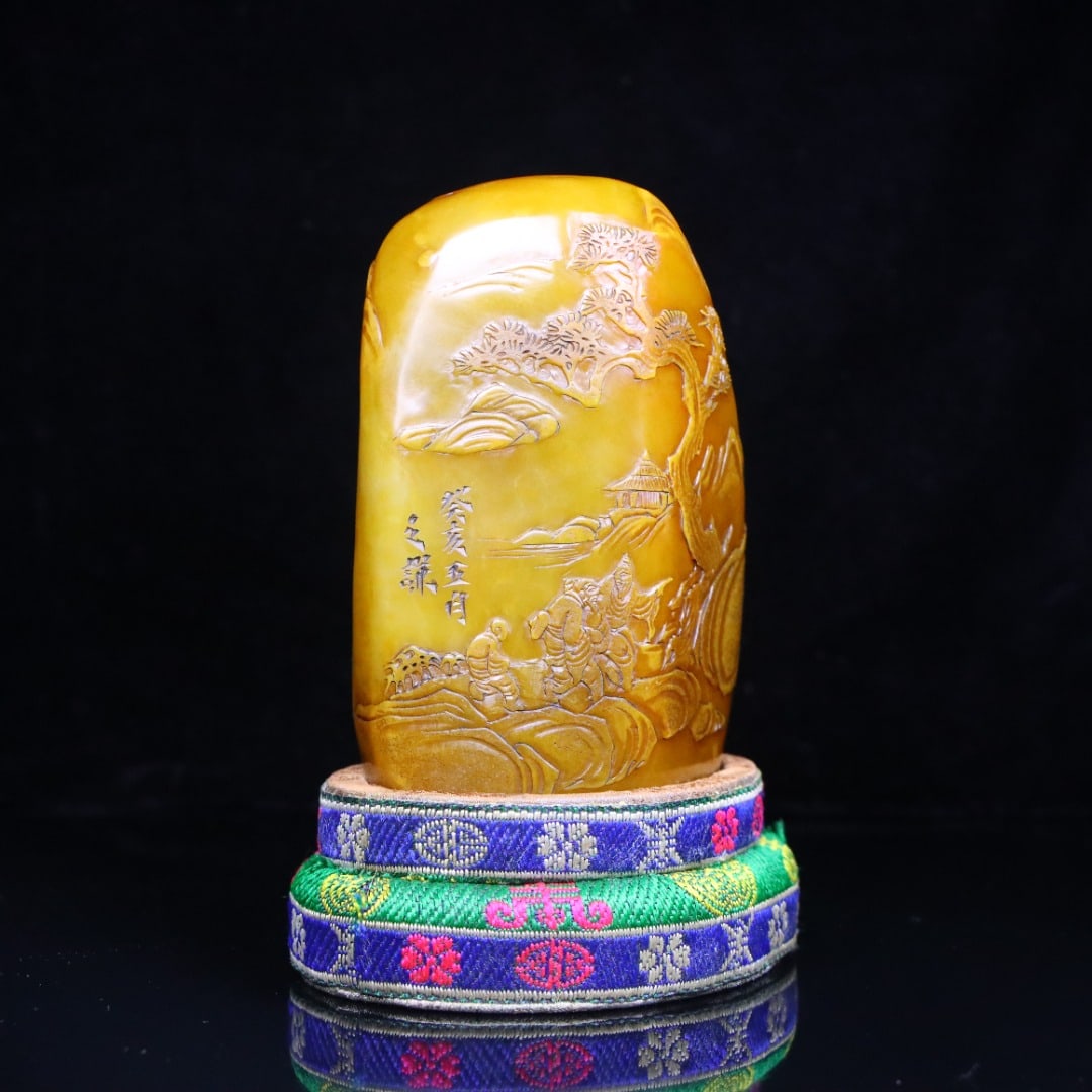 Old Chinese Tianhuang Stone Low Relief Pine Tree & Figure Seal Statue - 2