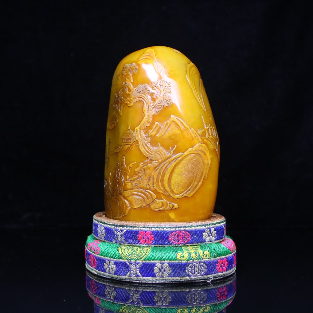 Old Chinese Tianhuang Stone Low Relief Pine Tree & Figure Seal Statue - 3