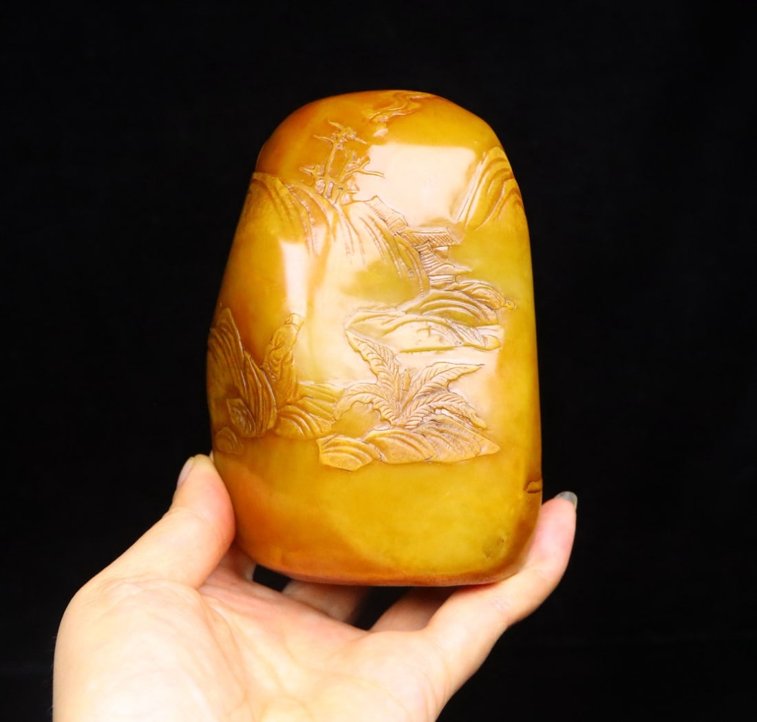 Old Chinese Tianhuang Stone Low Relief Pine Tree & Figure Seal Statue - 4