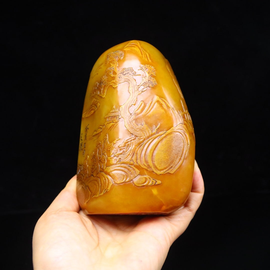 Old Chinese Tianhuang Stone Low Relief Pine Tree & Figure Seal Statue - 5