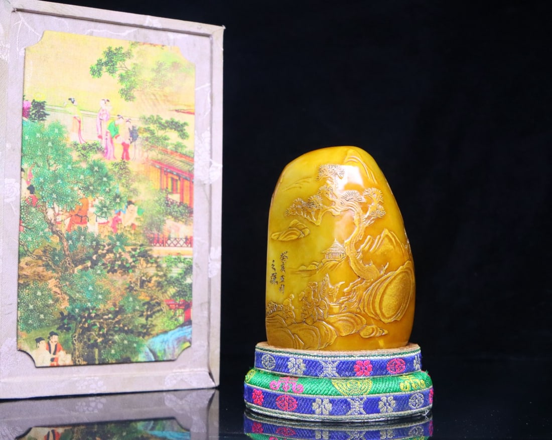 Old Chinese Tianhuang Stone Low Relief Pine Tree & Figure Seal Statue - 9