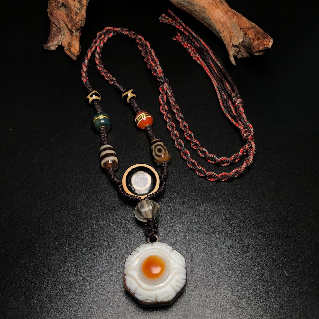 Old Tibetan Sky Eye DZI Agate Lucky Pendant w Necklace (1 of 9)