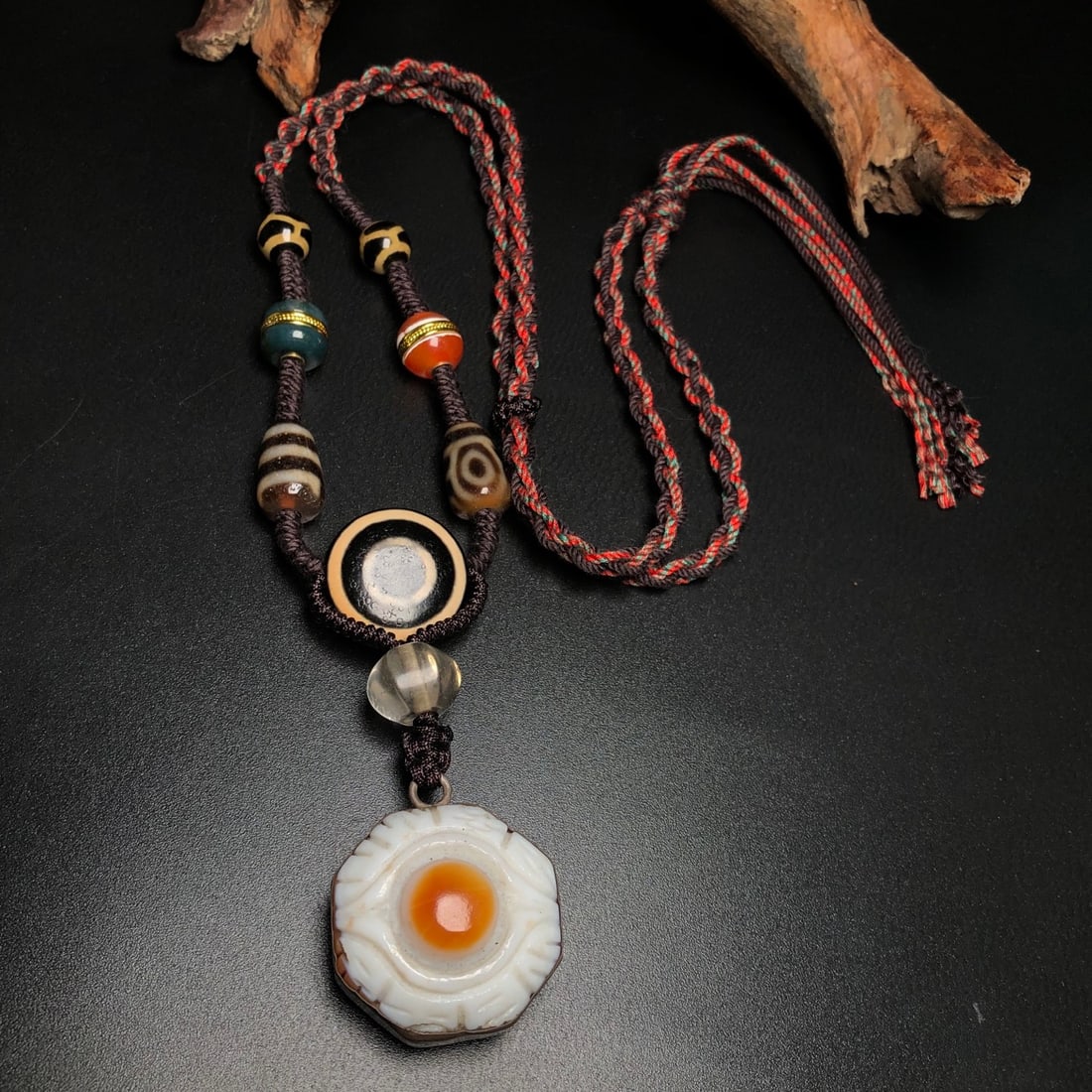 Old Tibetan Sky Eye DZI Agate Lucky Pendant w Necklace - 3