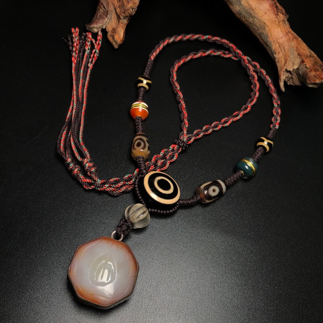 Old Tibetan Sky Eye DZI Agate Lucky Pendant w Necklace - 4