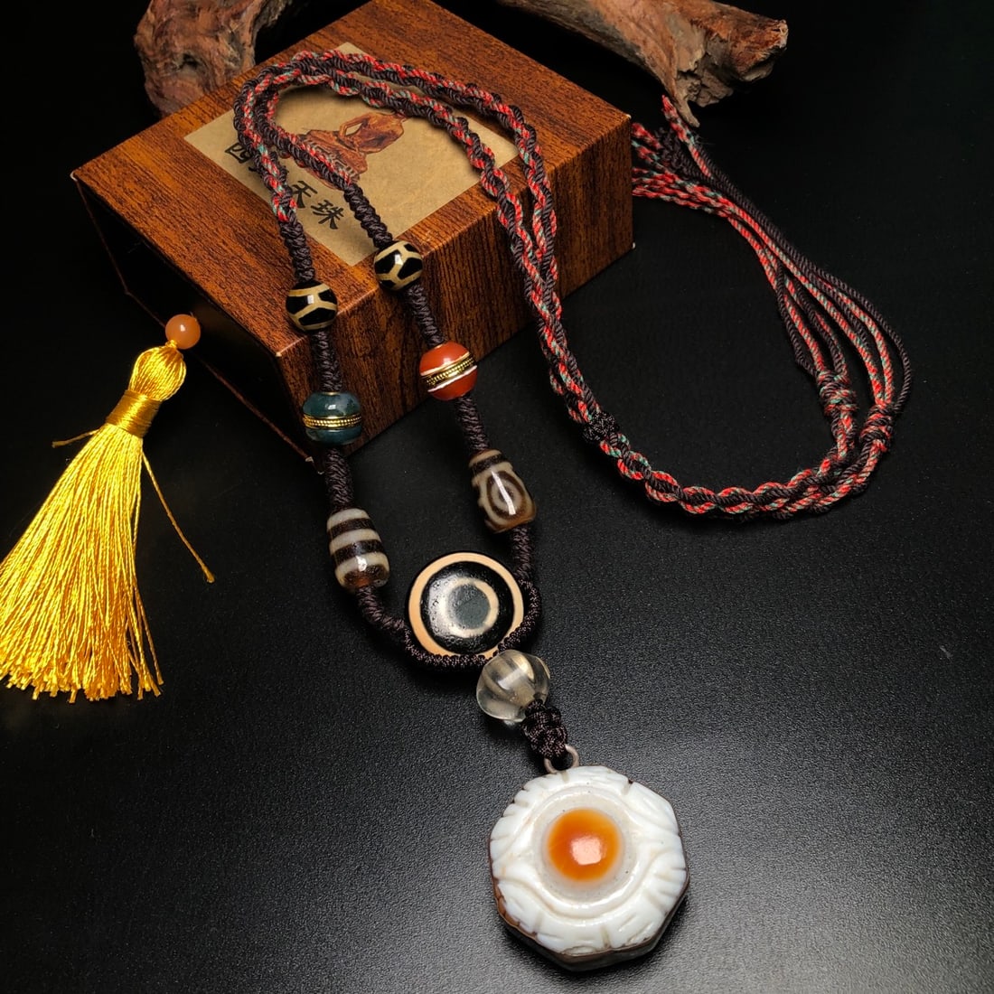 Old Tibetan Sky Eye DZI Agate Lucky Pendant w Necklace - 5