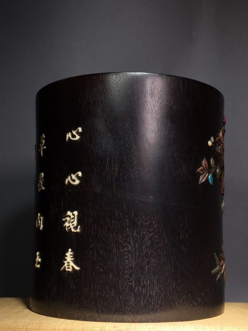 Old Chinese Zitan Wood Inlay Shoushan Stone Flowers Bird Design Brush Pot - 5