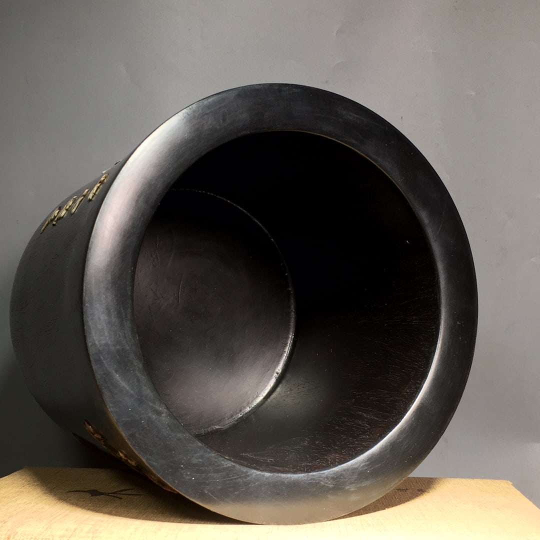 Old Chinese Zitan Wood Inlay Shoushan Stone Flowers Bird Design Brush Pot - 8