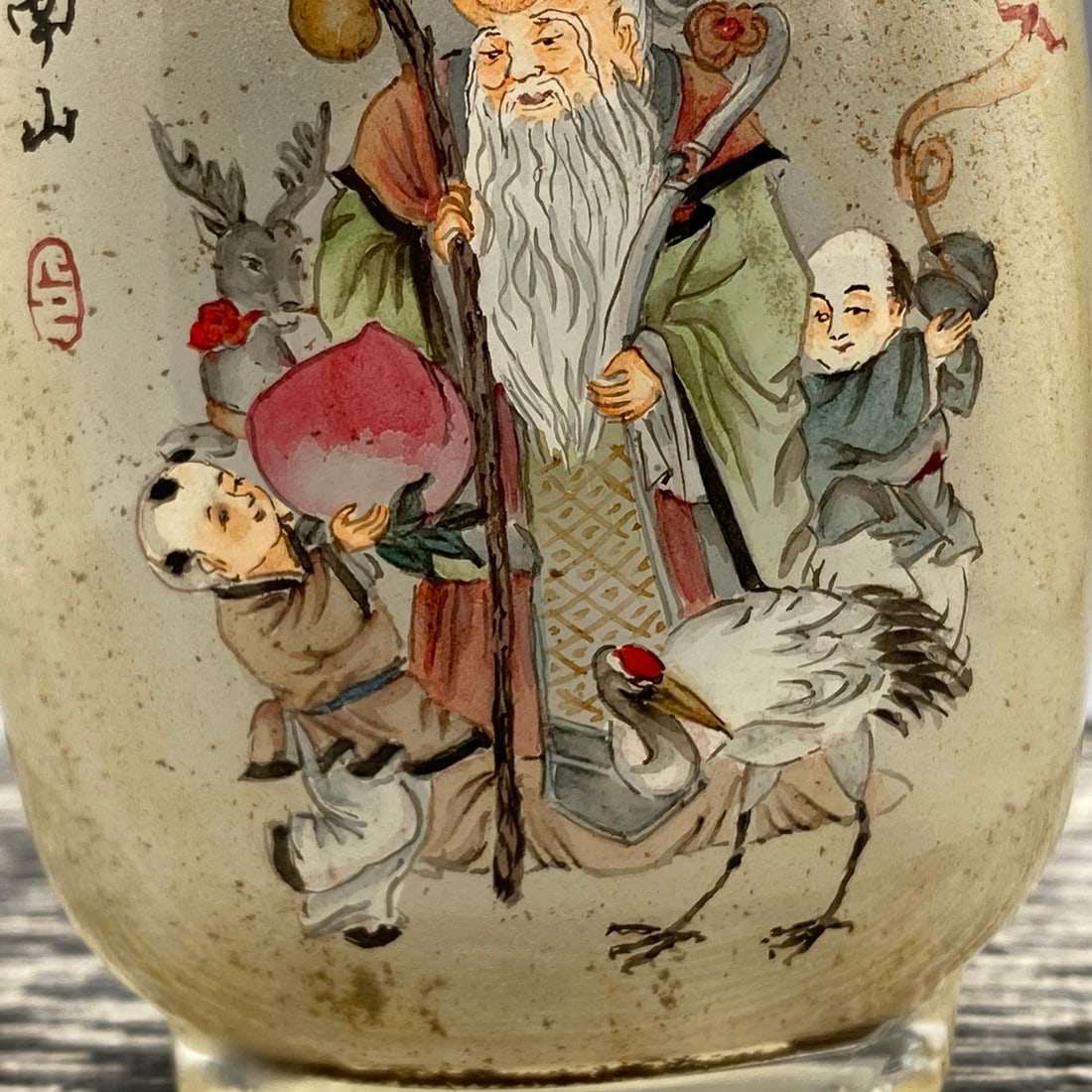 Chinese Peking Glass Inside Painting Longevity Taoism Deity Design Snuff Bottle w Stopper - 3