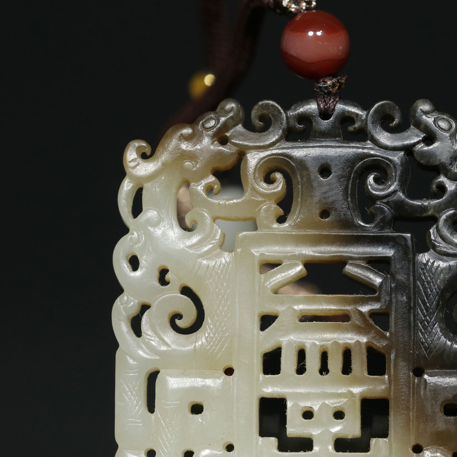 Openwork Chinese Hetian Jade Hand Carved Dragon Phoenix Pendnat - 4