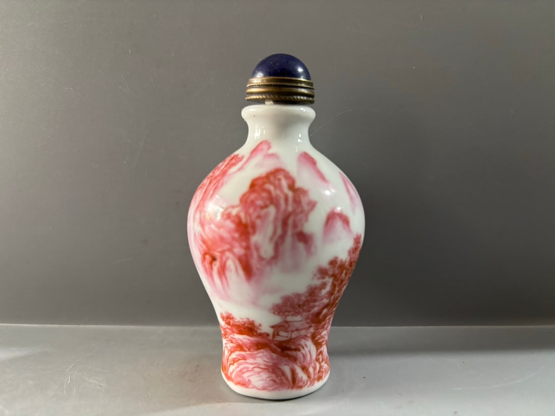 Chinese Underglaze Red Mountain River Scene Design Porcelain Snuff Bottle - 2