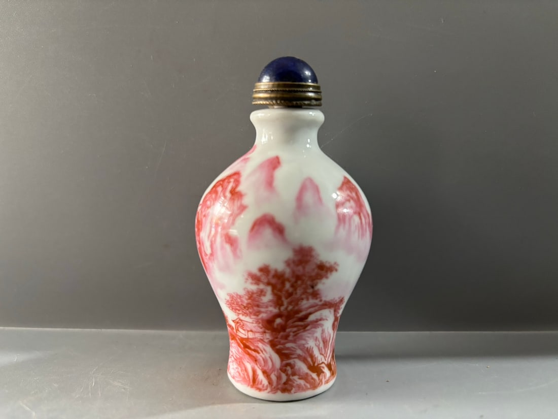 Chinese Underglaze Red Mountain River Scene Design Porcelain Snuff Bottle - 3
