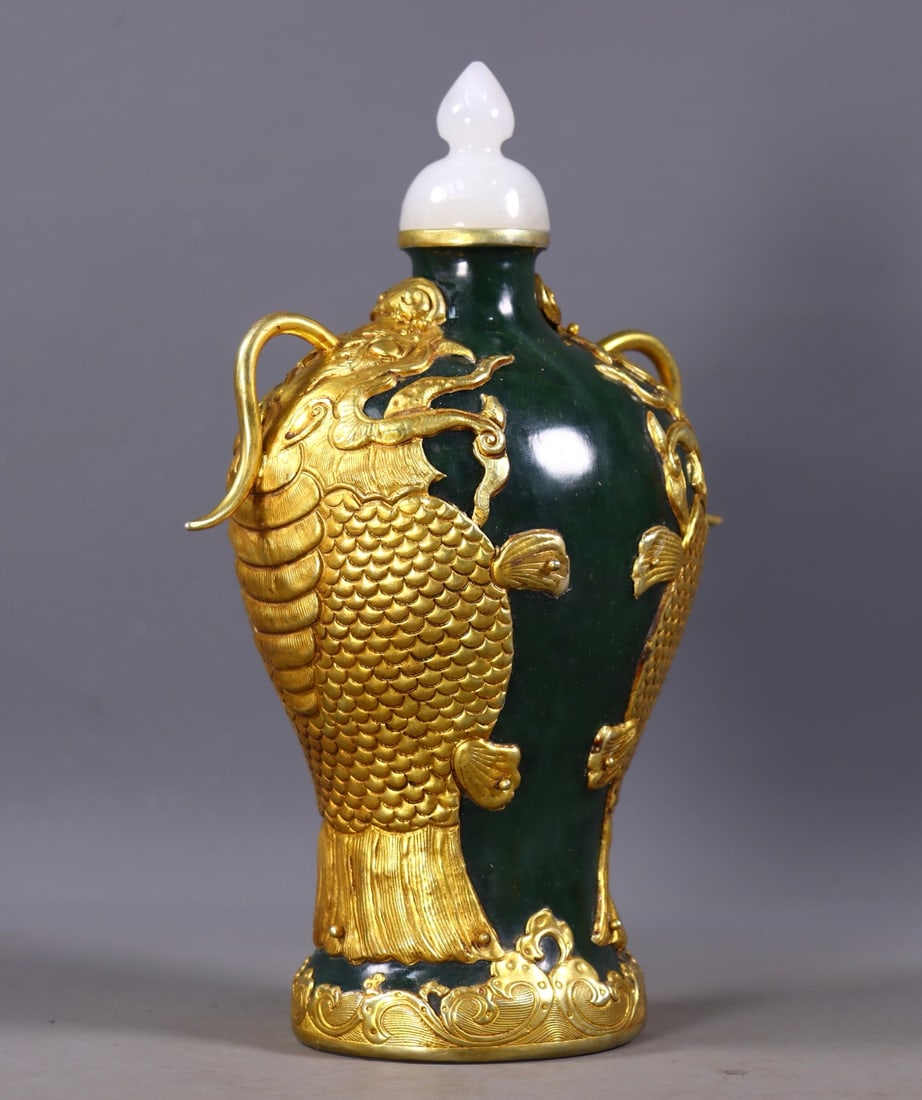 Superb Chinese Gilt Gold Copper Inlay Green Hetian Jade Carved Double Fish Vase - 4