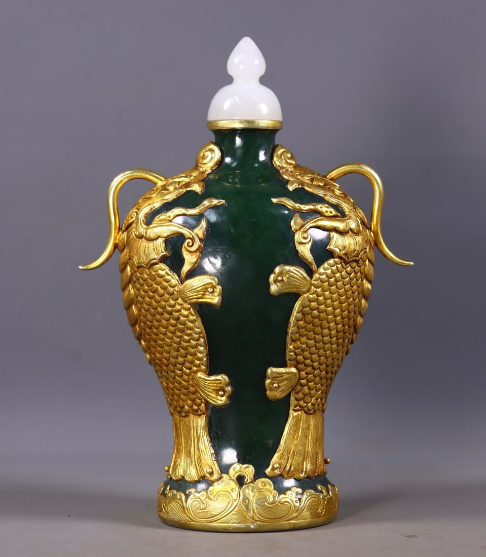Superb Chinese Gilt Gold Copper Inlay Green Hetian Jade Carved Double Fish Vase - 5